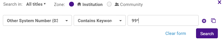 Repository search for Other System Number Contains Keyword 99*