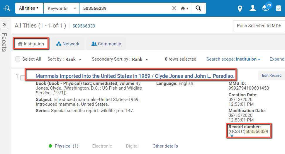IZ repository search for 503566339 with OCLC record number highlighted