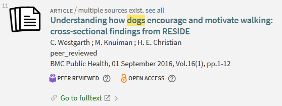 Primo brief record with Peer Reviewed and Open Access icons.