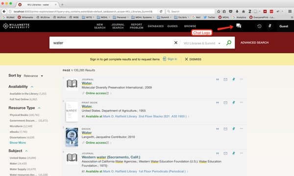 Chat logo in the header of Willamette University's Primo