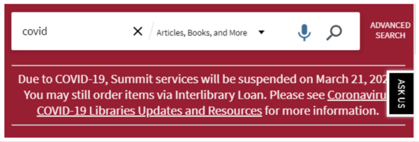 Image of Banner in Primo Emergency banner in WSU's Primo.