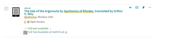 Image of Customization in Primo Primo brief record with Full text available at Hathitrust added.