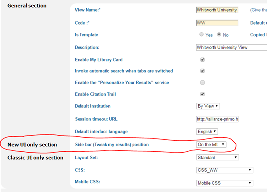 Screenshot of PBO New UI only section, Side bar (Tweak my results) position dropdown.