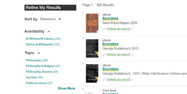 Screenshot of Refine My Results facets to the left of brief search results in Primo.