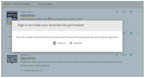 Modal window in Primo titled Sign in to make your favorites list permanent.