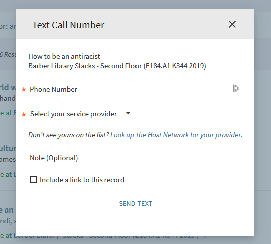 Text Call Number modal window with form to send text.
