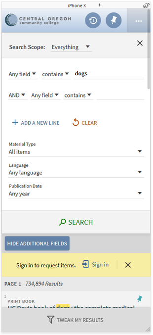 Advanced search with additional material type fields.