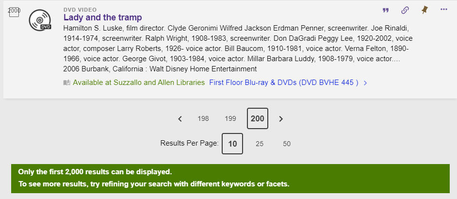 Primo pagination navigator for page 200 of search results with pages 201 and 202 hidden and the warning: Only the first 2,000 results can be displayed. To see more results, try refining your search with different keywords or facets.