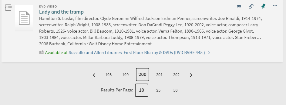 Primo pagination navigator without customization, showing pages 201 and 202 as options and no warning message.