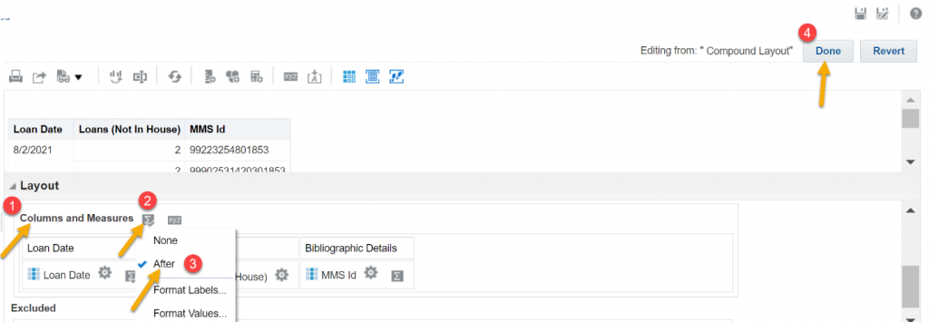Editing Compound Layout with arrows indicating Columns and Measures, the Sigma icon, and the After option.