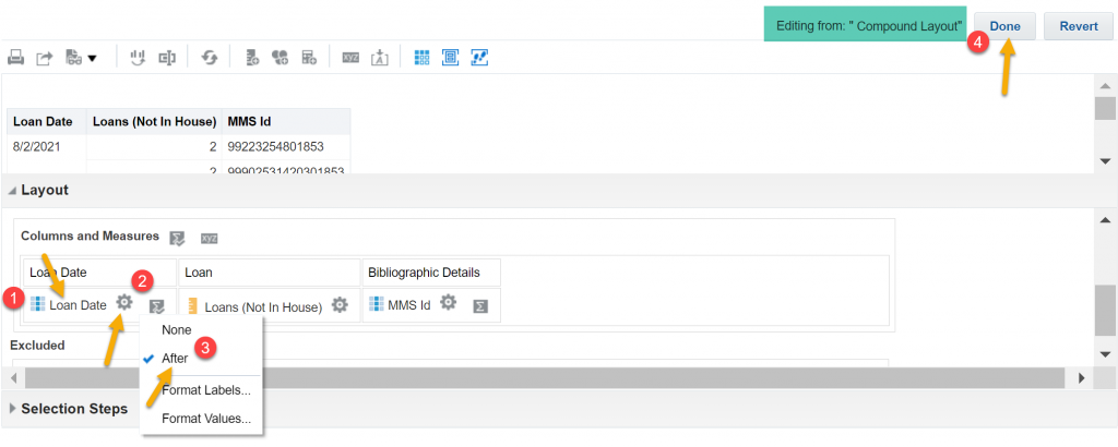 Editing Compound Layout with arrows indicating Loan Date, the Sigma icon, and the After option.