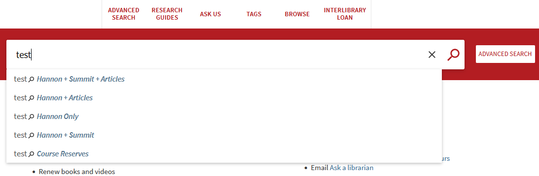 Primo search bar with no dropdown and autocomplete suggestions.