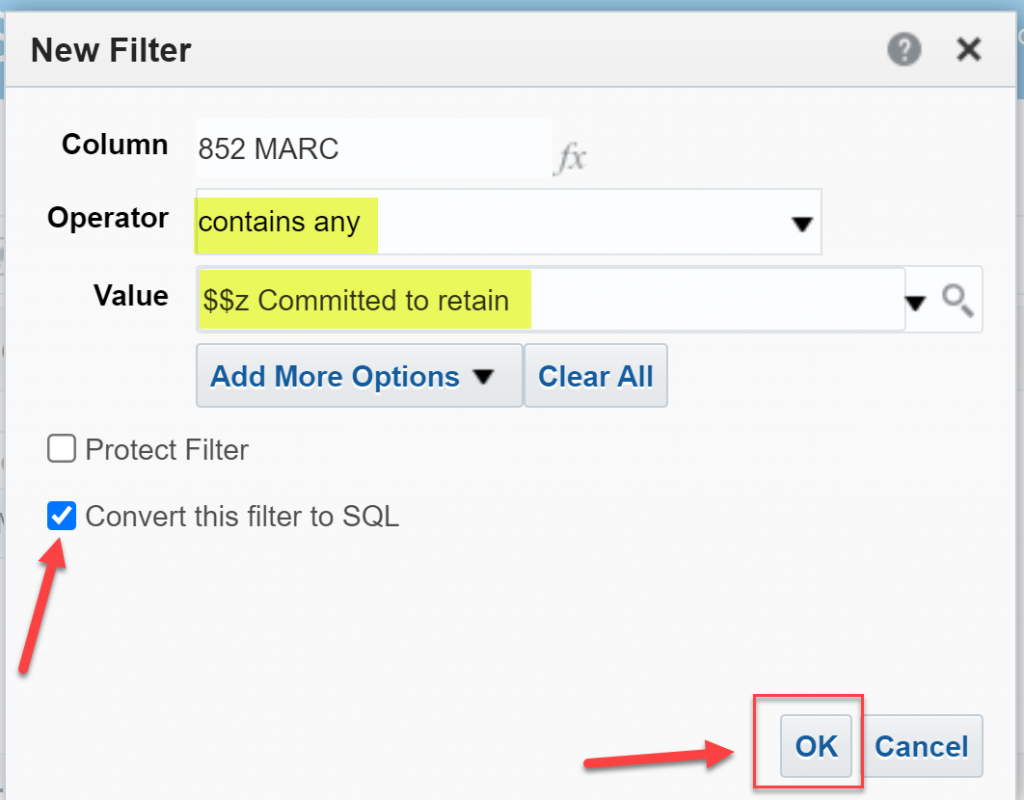 New filter with checkbox for convert this filter to SQL