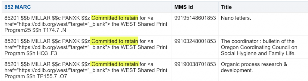 Results table with Committed to retain in the 852 MARC column