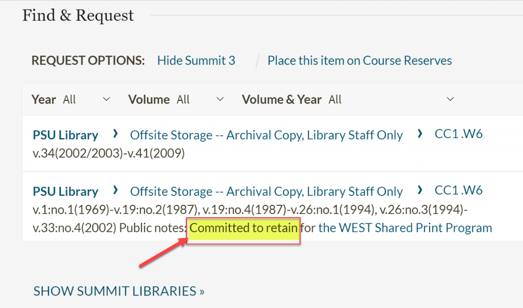 Primo record with Committed to retain in the holdings note