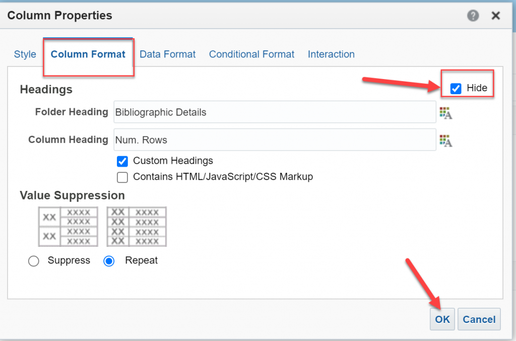 Column format with Hide box checked