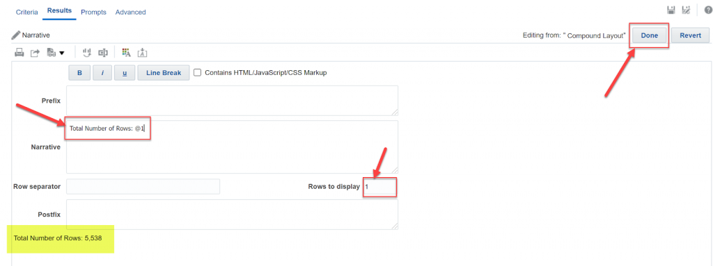 Narrative entry with Total Number of Rows: @1 and Rows to display 1
