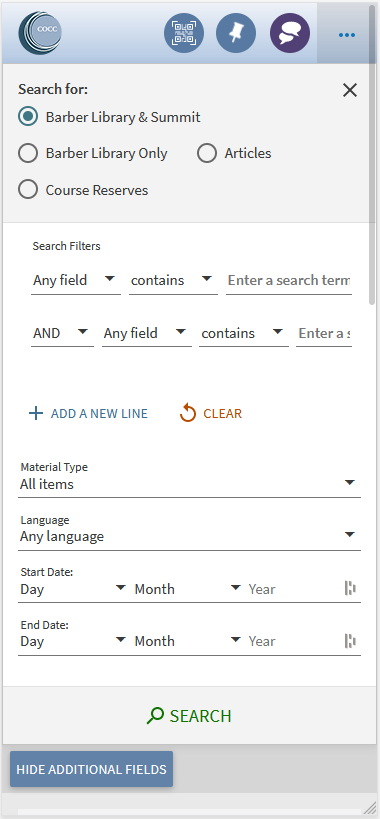 Advanced search with Hide Additional Fields button and all fields shown