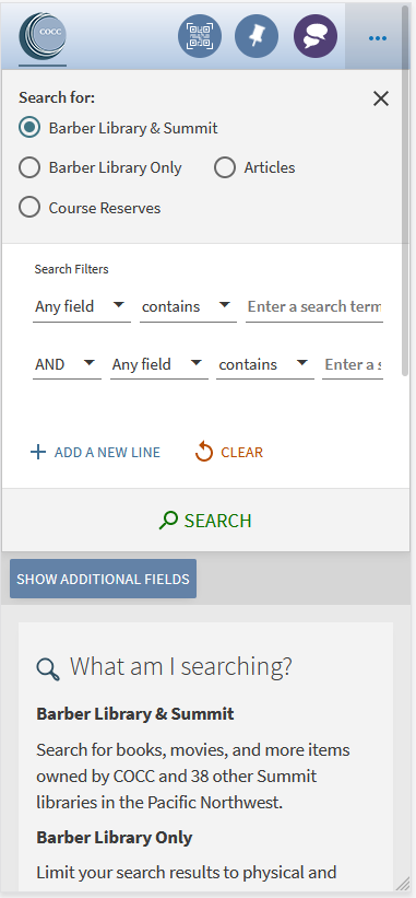 Advanced search with Show Additional Fields button and Material Type, Language, and Date fields hidden