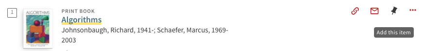 Primo brief search result for Algorithms print book, with Add this item in focus
