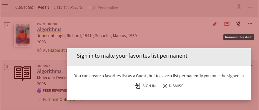 Primo modular window warning the user to sign in to make their favorites list permanent