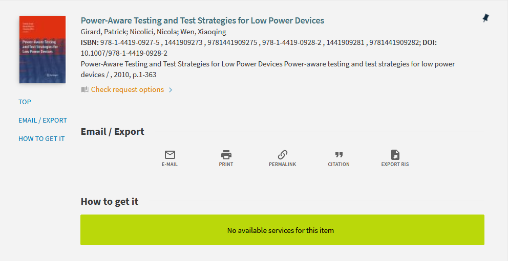 Services page display for the book Power-Aware Testing and Test Strategies for Low Power Devices with the alert "No available services for this item"