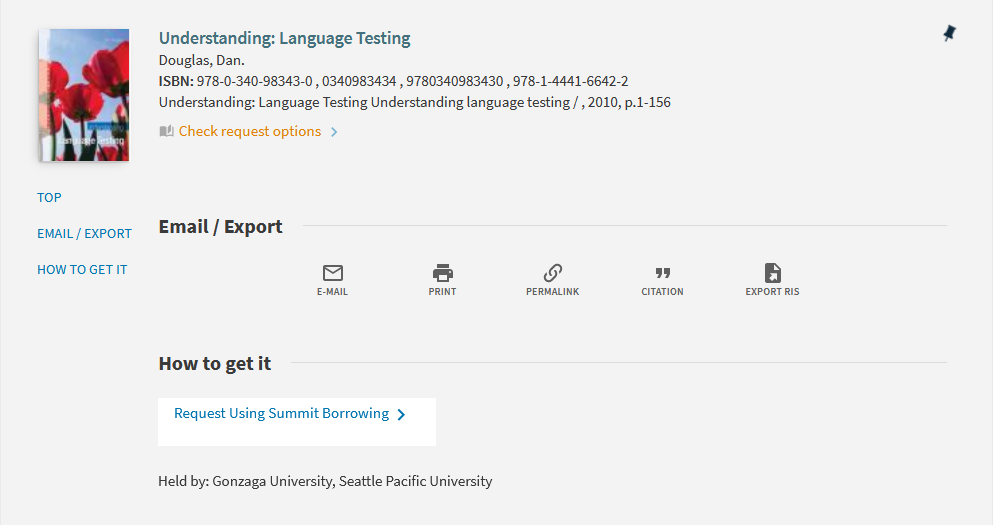 Services page display for the book Understanding Language Testing with the Request Sharing form visible and two institutions with holdings listed: Gonzaga University and Seattle Pacific University.