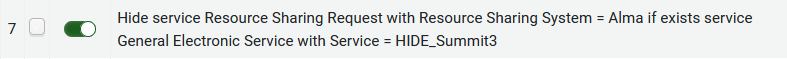 Display Logic Rule: Hide service Resource Sharing Request with Resource Sharing System = Alma if exists service General Electronic Service with Service = HIDE_Summit3