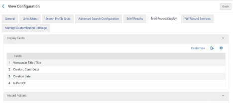 View Configuration Brief Record Display tab with fields 1 Vernacular Title; Title, 2 Creator, Contributor, 3 Creation date, 4 Is Part Of