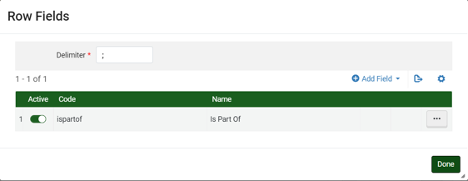 Row Fields section with one row: Active toggled on, code ispartof, Name Is Part Of