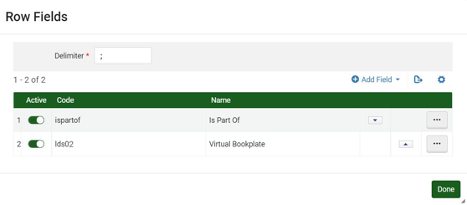 Row Fields with two rows: 1 Active toggled on, code ispartof, name Is Part Of, 2 Active toggled on, code lds02, name Virtual Bookplate