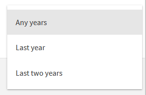 Three options in the select dropdown: Any years, Last year, and Last two years.
