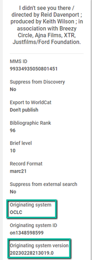 text from the simple record view in Alma showing the originating system version information